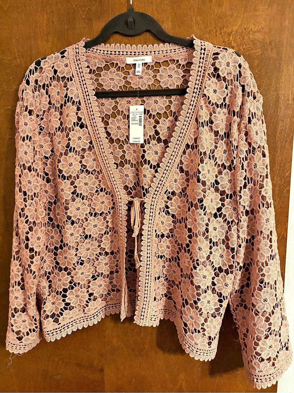 Maurices Floral Crochet Tie Front Cardigan Pink XXL